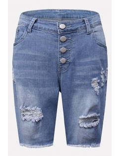 Blue Ripped Distressed Raw Hem Casual Denim Shorts