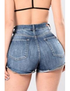 Blue Shredded Pocket High Waist Sexy Denim Shorts