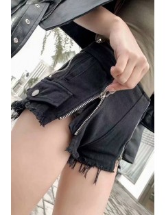 Black Raw Hem Zipper High Waist Sexy Denim Shorts
