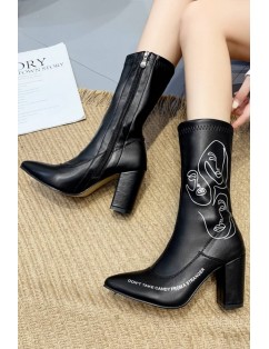 Black Graphic Print Zipper Up Chunky Heel Mid-calf Boots
