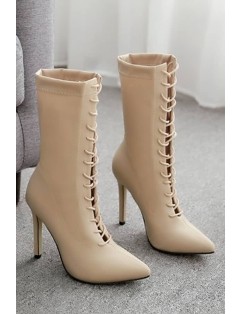 Apricot Lace Up Pointed Toe Stiletto Heel Mid-calf Boots