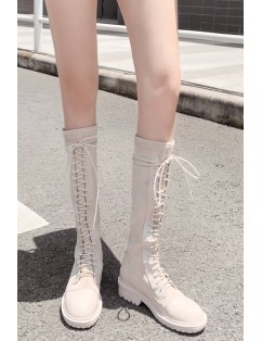 Apricot Lace Up Round Toe Low Heel Mid-calf Boots
