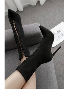 Black Lace Up Pointed Toe Stiletto Heel Mid-calf Boots
