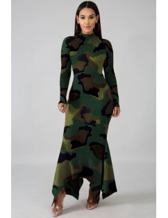 Army-green Camouflage Mock Neck Long Sleeve Asymmetric Hem Casual Dress