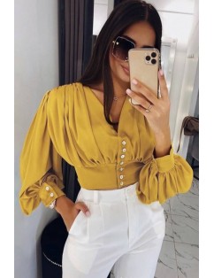 Button Up V Neck Long Sleeve Casual Blouse