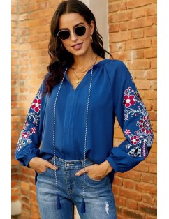 Blue Floral Embroidery V Neck Long Sleeve Casual Blouse