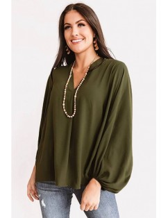 Army-green V Neck Puff Sleeve Casual Blouse