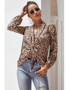 Leopard Twisted V Neck Long Sleeve Sexy Blouse