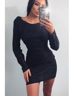 Black Glitter Tied Long Sleeve Sexy Bodycon Dress