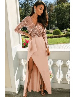 Apricot Sequin Splicing V Neck Long Sleeve Sexy Dress