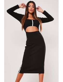 Black Contrast Cutout Long Sleeve Sexy Bodycon Dress