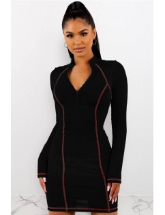 Black Contrast Binding Half Zipper Mock Neck Long Sleeve Casual Dress