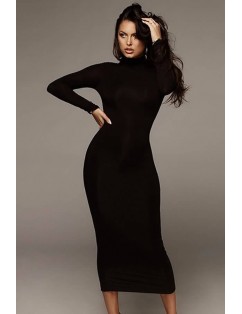 Black High Collar Long Sleeve Sexy Bodycon Midi Dress