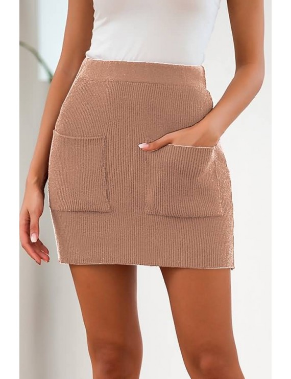 Apricot Pocket Elastic Waist Casual Bodycon Sweater Skirt