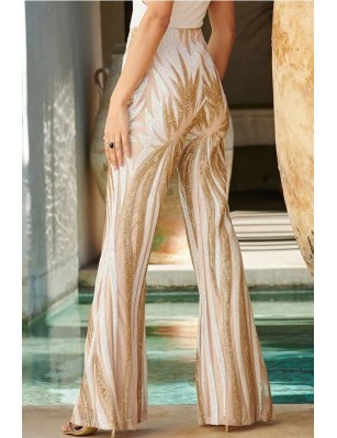 Apricot Sequin High Waist Casual Flared Pants