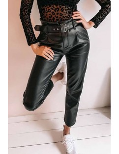 Black Faux Leather Buckle Casual Pants