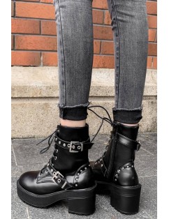 Black Lace Up Buckle Strap Platform Chunky Heel Booties