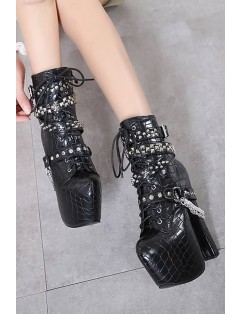 Black Lace Up Studded Chain Platform Chunky Heel Booties