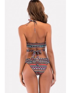 Black Tribal Print Halter Cutout Cheeky Sexy Bikini Swimsuit