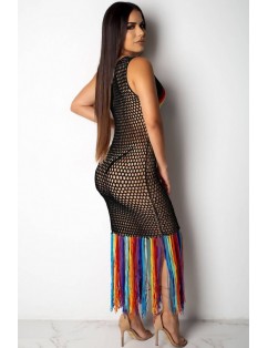 Black Rainbow Hollow Out Fringe Casual Beach Dress Cover Up