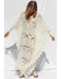 Beige Lace V Neck Sexy Beach Maxi Dress Cover Up