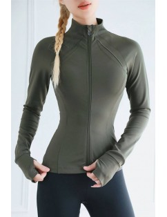 Army-green Zipper Up Long Sleeve Yoga Sports T Shirt
