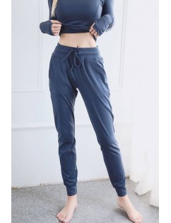 Dark-blue Drawstring Pocket High Waist Sports Pants