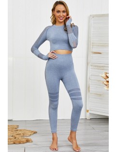 Gray Hollow Out Crew Neck Long Sleeve Sports Crop Top Leggings Set