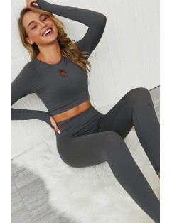 Dark-gray Hollow Out Round Neck Long Sleeve Sports Crop Top Leggings Set