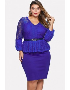 Blue Lace Splicing Peplum Belt Sexy Bodycon Plus Size Dress
