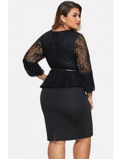 Black Lace Splicing Peplum Belt Sexy Bodycon Plus Size Dress