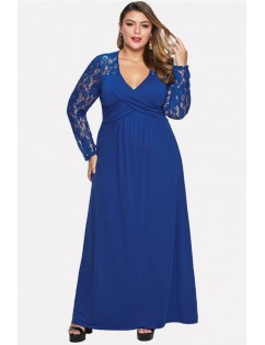 Blue Lace Splicing V Neck Long Sleeve Casual Plus Size Dress