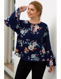 Dark-blue Floral Print Layered Sleeve Casual Plus Size Blouse