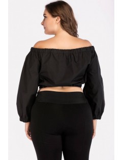 Black Zipper Off Shoulder Long Sleeve Casual Plus Size Crop Top