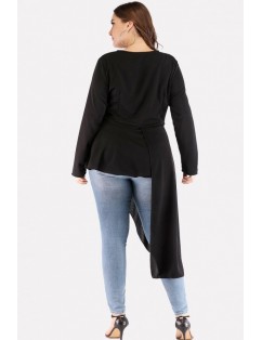 Black Round Neck Long Sleeve Casual Plus Size Blouse