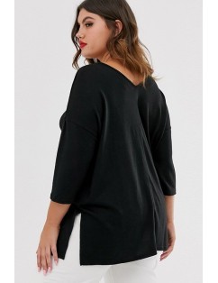 Black V Neck Slit 3/4 Sleeve Casual Plus Size T Shirt