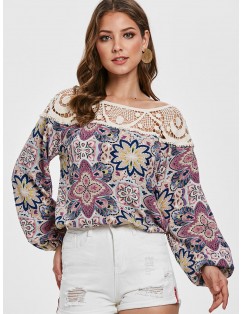 Crochet Trim Long Sleeve Floral Blouse -  2xl