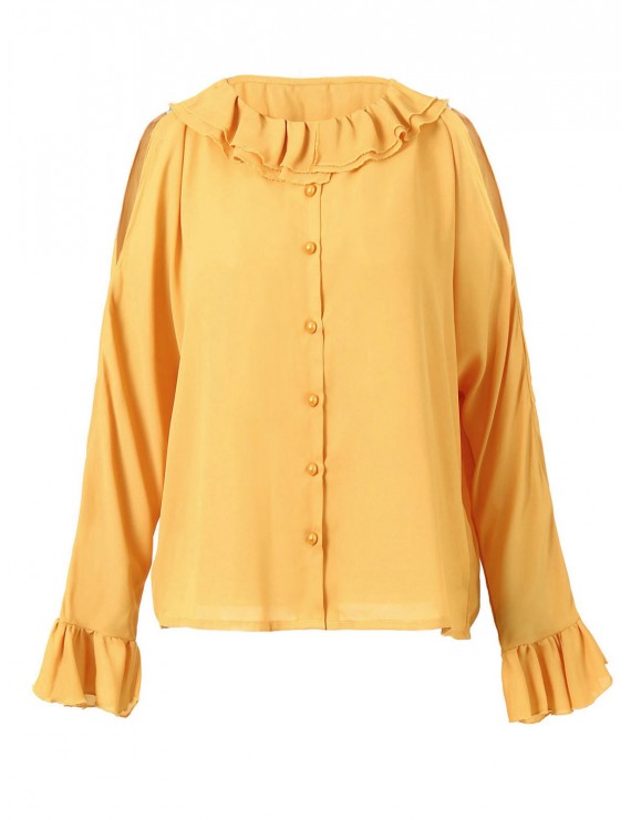 Cold Shoulder Bell Sleeve Blouse - Bright Yellow S