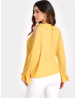 Cold Shoulder Bell Sleeve Blouse - Bright Yellow S