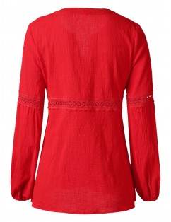 Button Up Lace Applique Blouse - Red L