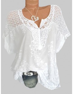 Floral Embroidery Hollow Out Shirt - White 2xl