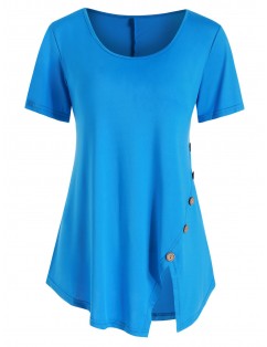 Button Embellished Slit Short Sleeve T-shirt - Deep Sky Blue L