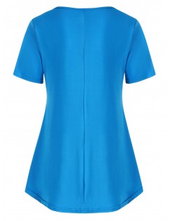 Button Embellished Slit Short Sleeve T-shirt - Deep Sky Blue L