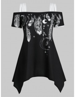Feather Moon Print Open Shoulder Asymmetrical T-shirt - Black L