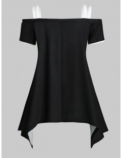 Feather Moon Print Open Shoulder Asymmetrical T-shirt - Black L