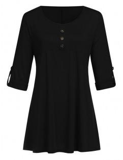 Buttoned Roll Sleeve Top - Black L