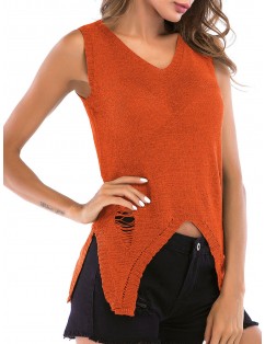 Distressed V Neck Asymmetrical Knitted Tank Top - Halloween Orange L