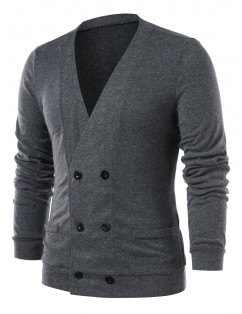Collarless Solid Color Double Breasted Cardigan - Gray Xl