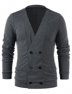 Collarless Solid Color Double Breasted Cardigan - Gray Xl