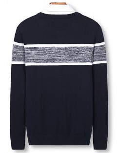 Crew Neck Color Block Panel Pullover Sweater - Deep Blue Xl